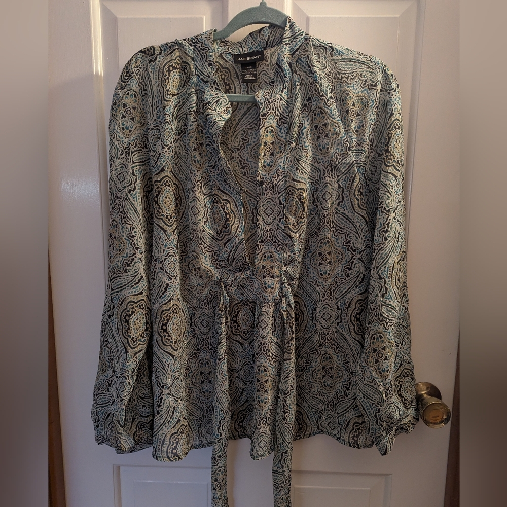 Lane Bryant Metallic Paisley Tie Front Blouse Shimmer Boho - Size 14/16